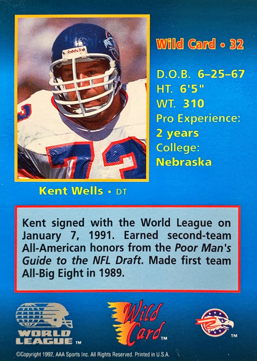 WLAFCards's tweet photo. Wells played in all 10 games for the Glory in 1992, where he recorded 3 sacks.

Kent Wells #OhioGlory - 1992 #WildCard #WLAF #32

#WorldLeagueOfAmericanFootball #WLAFCards #WorldLeague #Football #TradingCards https://t.co/MpPGEmdh6u