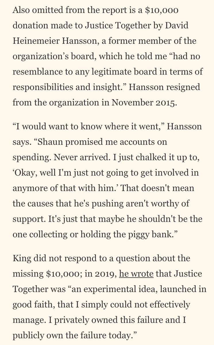In 2019, Shaun assembled his friends to co-sign a report re: his fundraising. They either willingly participated in a lie or just didn’t care to check the details.Shaun *did not* return the $ from Justice Together — where’d the grant money go? Where did the $10k from  @dss go?