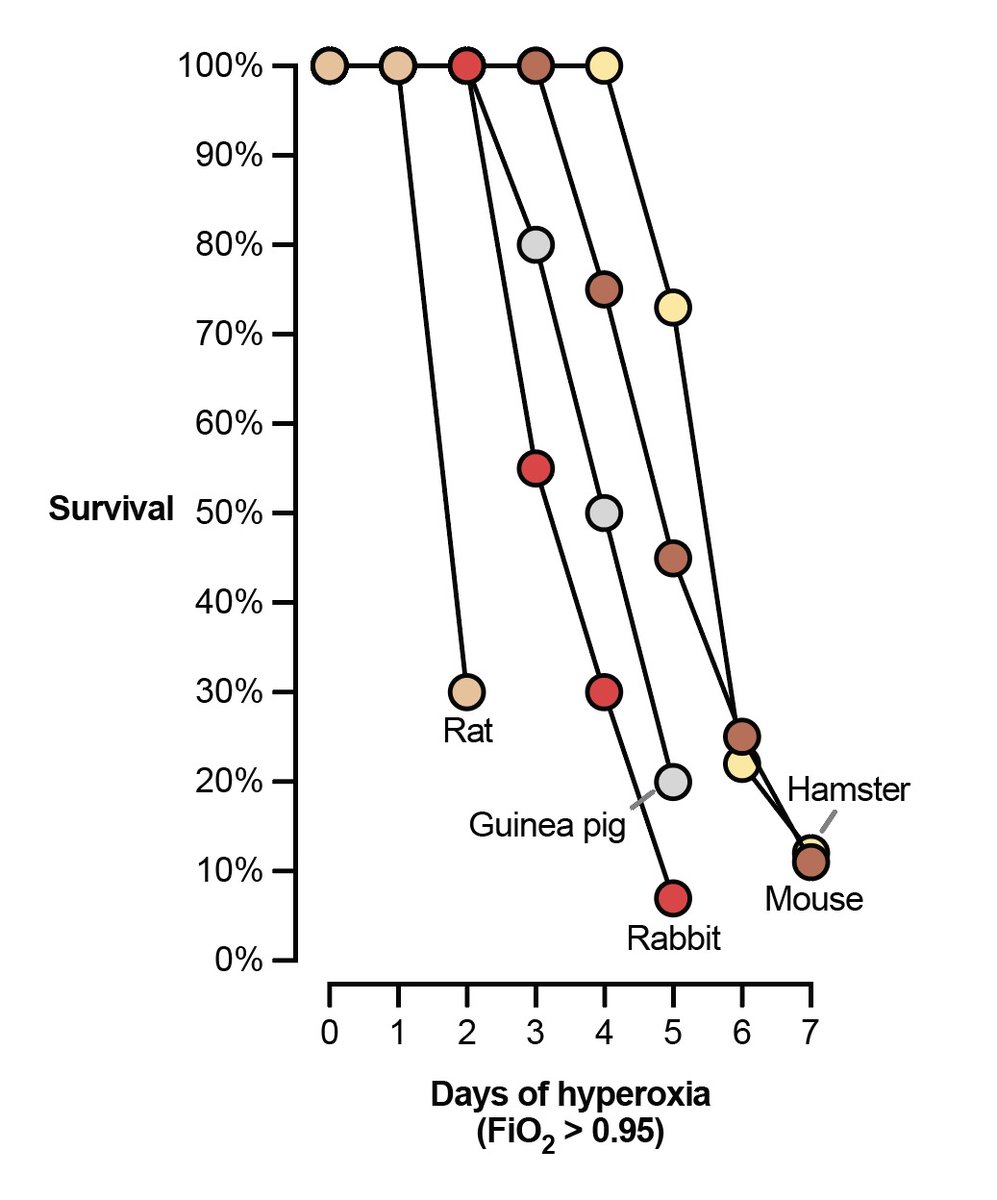 This observation (O2 --> ARDS) is universal among animals with lungs. If you give mammal pure oxygen to breathe, it'll die within a week with severe lung injury.(Figure adapted from  https://www.ncbi.nlm.nih.gov/pubmed/730565 )4/n