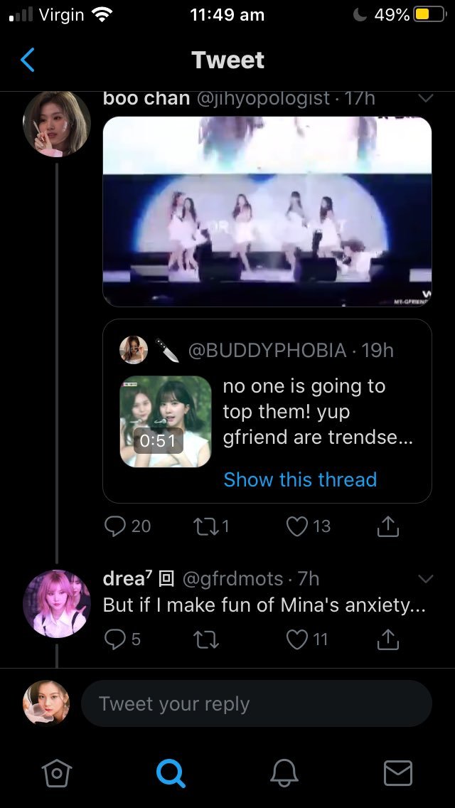  https://twitter.com/jihyopologist  : bringing trauma up (a performance where yuju falls like 10 times because of the stage being slippery) +viriginal pure ?? white dresses https://twitter.com/gfrdmots  : bringing up mina's anx*ety https://twitter.com/sanacunti  : bringing up s*won's d*d that passed away