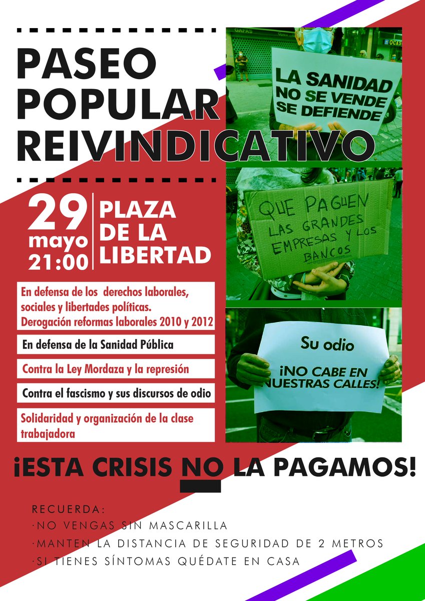 #Valladolid #29mayo Hagamos del paseo reivindicativo, respetando todas las recomendaciones sanitarias, una marea en defensa de lo público, de los derechos sociales y laborales. Frente al odio solidaridad ¡Esta crisis no la pagamos! #quepaguenlosricos