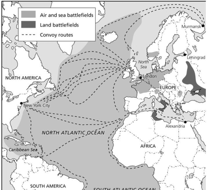 O'Brien really wants to deemphasize the "land" portion of WWII, which he does from the beginning by this map, which stresses the vast expanse of the air sea "super" battlefield compared to what he argues are relatively small expanses of land operations. 4/