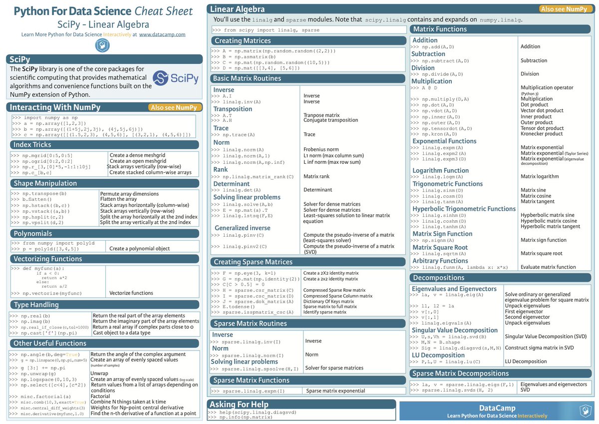 KirkDBorne's tweet photo. One of my all-time favs >> The Most Complete List of the Best Cheat Sheets for #DataScientists — great learning resources for #Python #Rstats #Coding #BigData #DataScience #AI #NeuralNetworks #MachineLearning #DeepLearning #DataViz #DataWrangling etc.

→ https://t.co/5m2wctFWiQ https://t.co/B8kJ7SCVDD