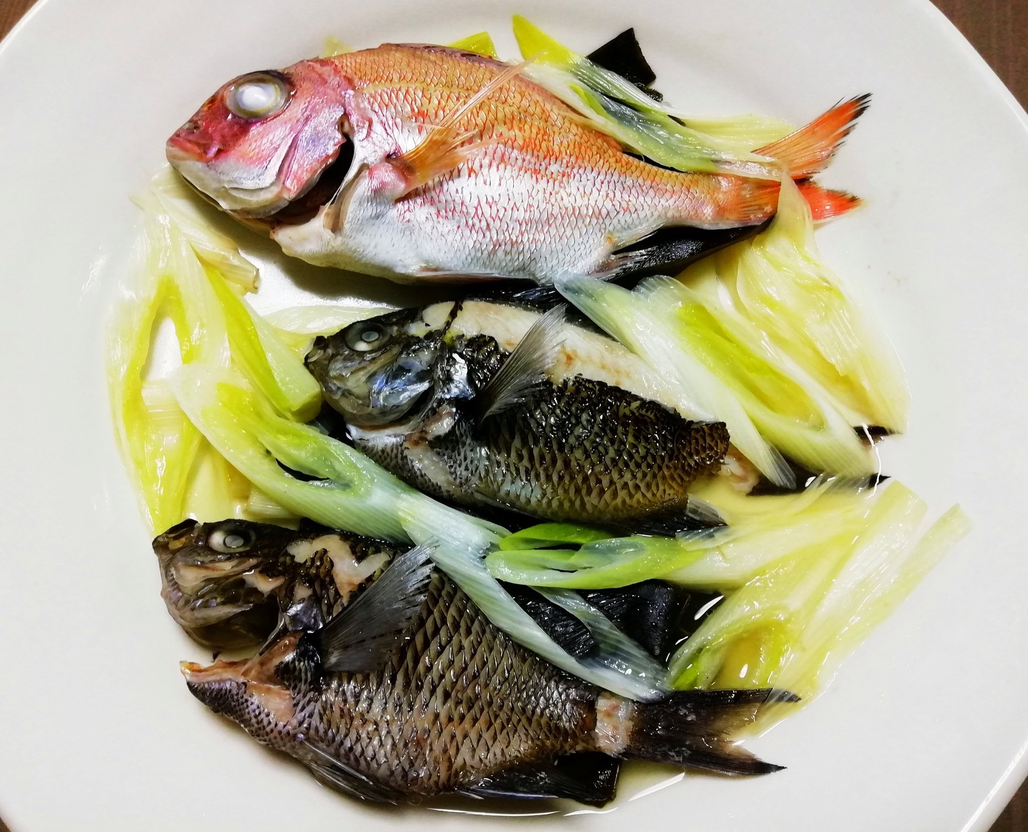 みほ イトヨリのお刺身 湯引き 真鯛とスズメ鯛の酒蒸し 真鯛の塩焼き イトヨリのアラのお味噌汁 イトヨリは皮に旨みがあり脂が乗っていて最高でした ๑ ㅂ ๑ 酒蒸しはポン酢と紅葉おろしと青葱で頂きました 美味しかったー Twitter家庭料理