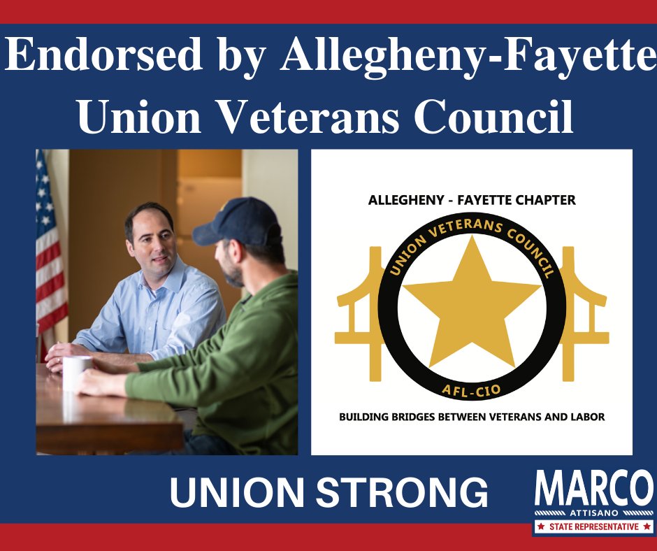 MarcoforPA's tweet image. Allegheny/Fayette Union Veterans Council, part of the @AlleghenyLabor, is focused on building bridges between veterans and labor unions in Western PA.

As a Navy veteran and member of a union family, I am proud to have their support and friendship.