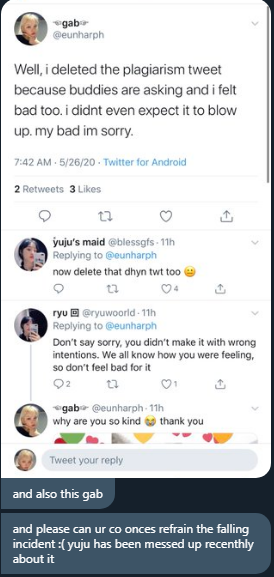  https://twitter.com/sowonass  talking about mina's anxiety https://twitter.com/eunharph  starting the fanwar + talking about plagia is a big thing. They're hated in the gfriend fandom already, both of them. proof from a big gfriend acc :