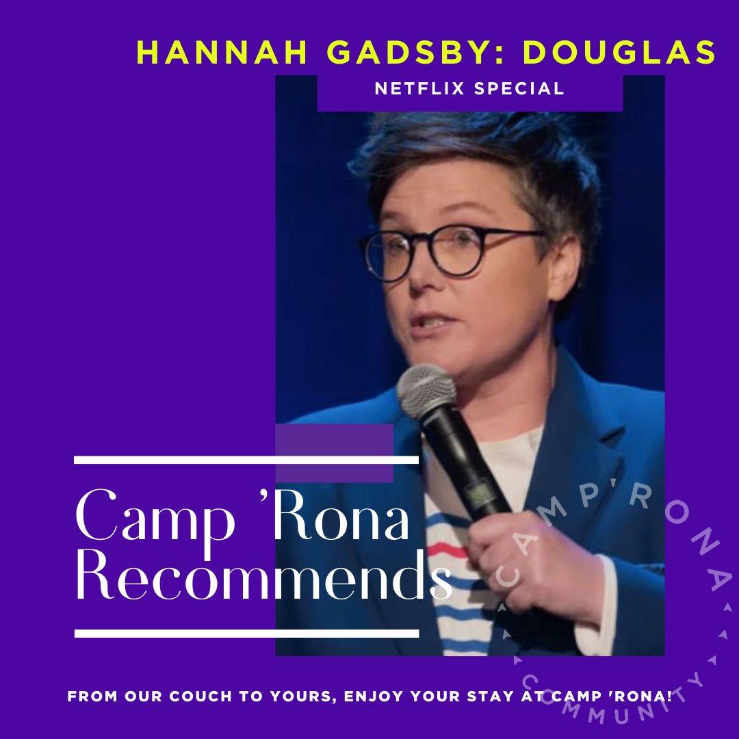 VisitCampRona's tweet photo. @Hannahgadsby  returns to @netflix  for her second special, "Hannah Gadsby: Douglas" and digs deep into the complexities of popularity, identity and her most unusual dog park encounter. 
Will you be watching with us!?

#camprona https://t.co/6CSqsV9iYa