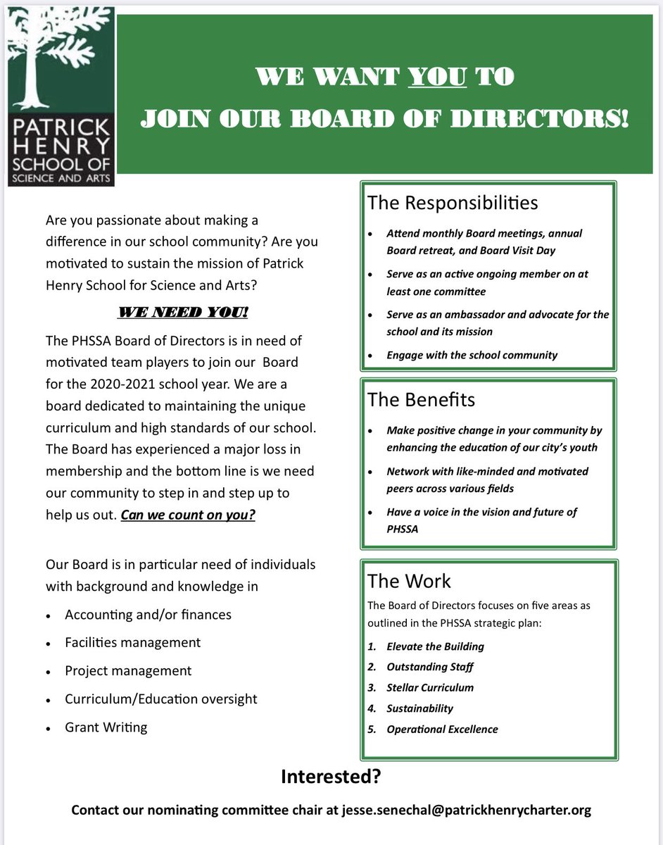 PHSSA_BOD's tweet photo. We need YOU! #PHSSA Board of Directors is looking to expand. Contact jesse.senechel@patrickhenrycharter.org if you’re interested in joining us! #rva #edchat #vachat https://t.co/ucIGgXy7Et