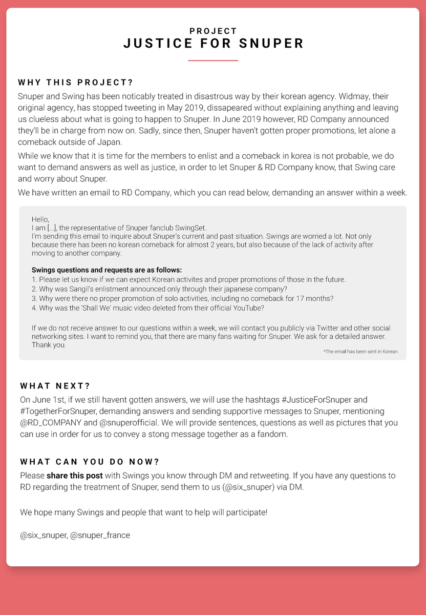 six_snuper's tweet photo. [‼️PROJECT: JUSTICE FOR SNUPER‼️]

Hello Swing,
together with @snuper_france and @tang__u, we came up with a way to hopefully make our voices heard!

👉RT please!
👉Read carefully down below!
👉DM us if you have any questions

Let's do this Swing!👏 https://t.co/a9aynoQ6ij