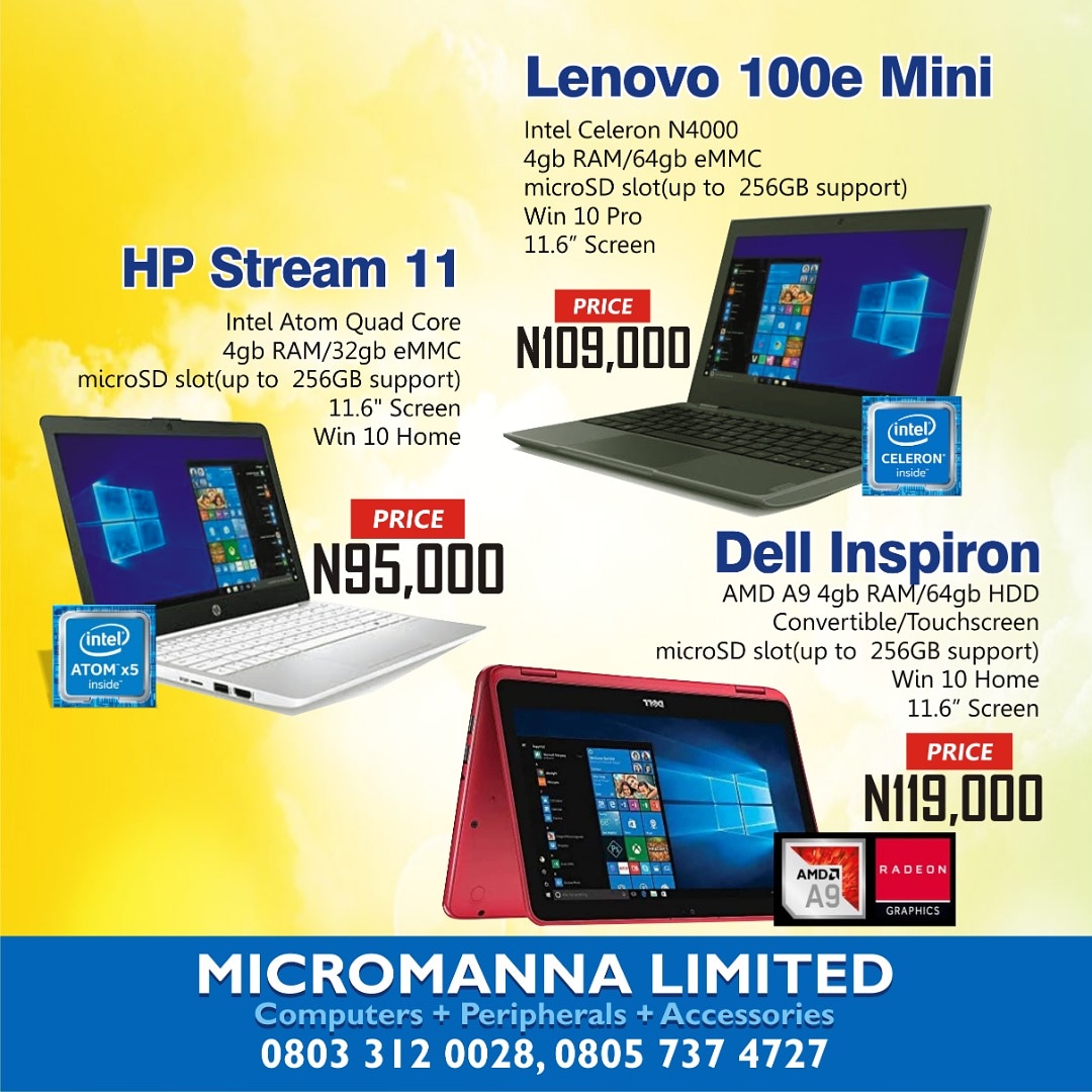microManna's tweet photo. Amazing deals on 11.6" laptops.
Lots of FREEBIES for EVERY purchase.
#intel  #amd #laptops
#getonline #arewa #arewapeople 
#thismakessense #micromanna https://t.co/ANXO256ikh