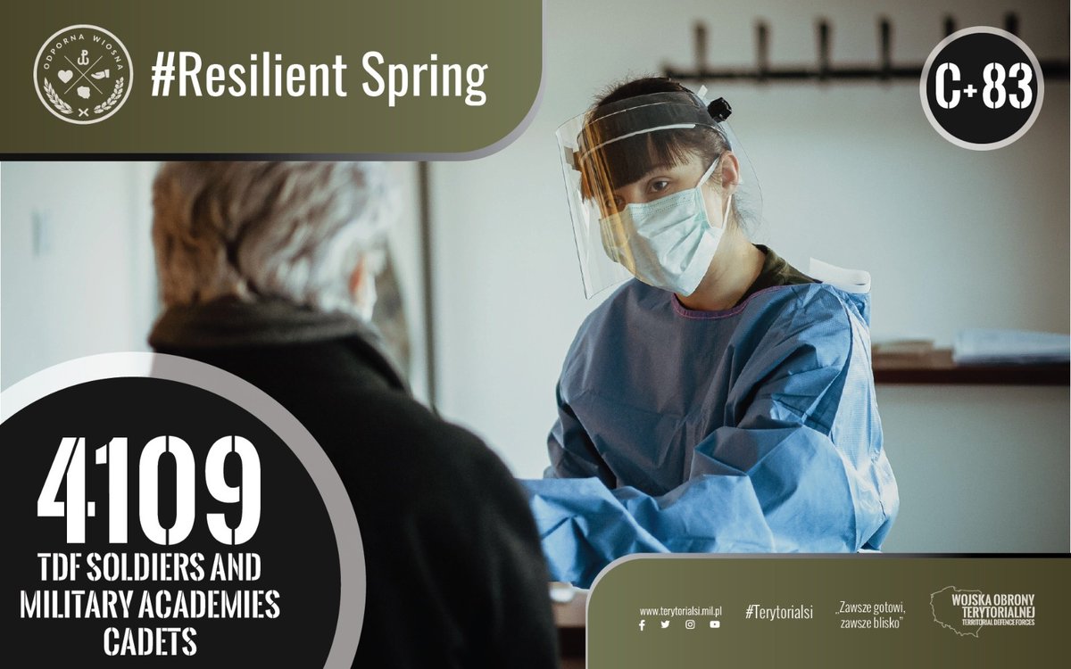 TDFORCE_Poland's tweet photo. Tuesday=C+8⃣3⃣
Testing🧪sanitizing🧴PPE use🥼
8⃣3⃣days since first #COVID__19☣️case in Poland🇵🇱
4⃣1⃣0⃣9⃣troops in operation #ResilientSpring😷
✅ @terytorialsi
☑️ @Akademia_MW
✅ @WAT_edu
☑️ #SzkołaOrląt
✅ @AWL_Wroc
#WeAreNATO
#missionessential
#missioncritical
#StrongerTogether https://t.co/LQPPzJTfR8