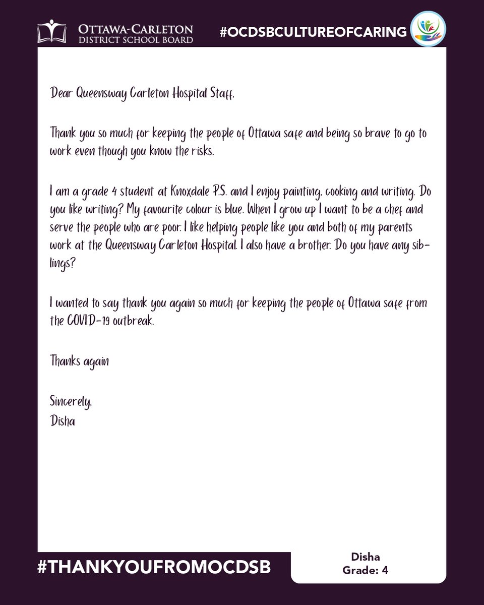 OCDSB's tweet photo. Grade 4 #OCDSB student Disha wrote this lovely letter to the staff at @QCHOttawa thanking them for all their hard work.

Learn more about our #ThankYouFromOCDSB campaign: https://t.co/iVAvLNqNNB https://t.co/LdTjU8abaX