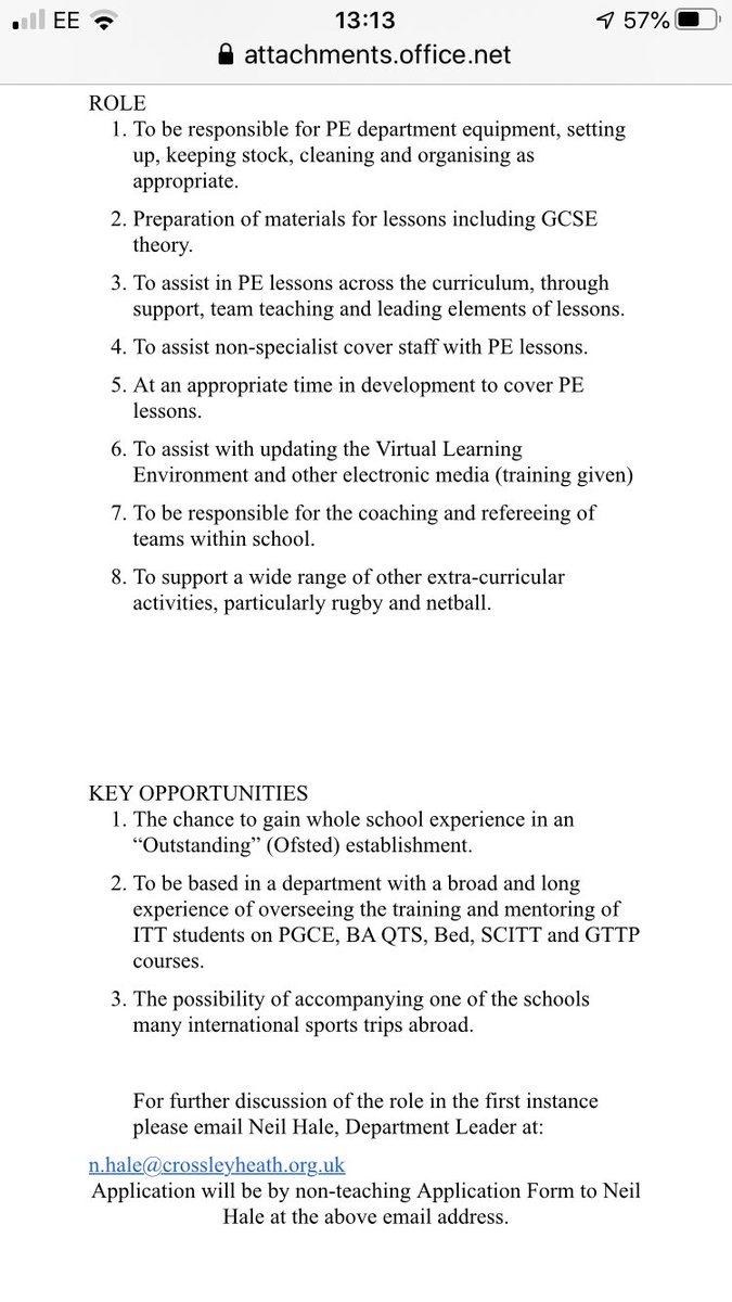 Exciting opportunity to work in the PE Department in our School,
