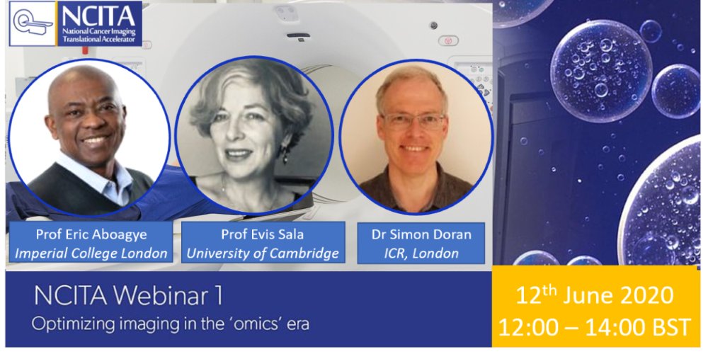 Join us live for our upcoming #NCITA #Webinar: “Optimizing #Imaging in the ‘Omics’ Era” on Friday 12 June (12 noon BST) with speakers Prof @EvisSala, Prof Eric Aboayge and Dr Simon Doran. Register today: bit.ly/2zRmCyk #cancer #clinicaltrials