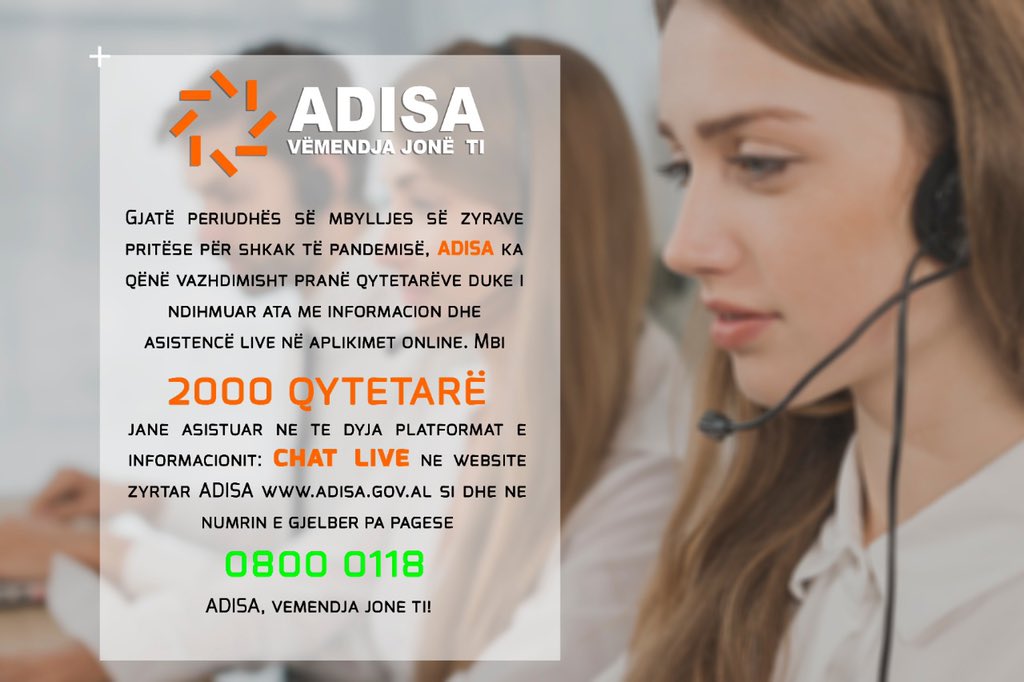 ADISA_Al's tweet image. Gjatë periudhës së Pandemisë nga Covid-19
👉Mbi 2000 qytetarë janë asistuar nëpërmjet Qendrës së Thirrjeve për Informim për Shërbimet Publike 📞0800 0118 &amp;amp; Chat Live 💻📲 në adisa.gov.al! 
#VëmendjaJonëTi #shërbimepublike
