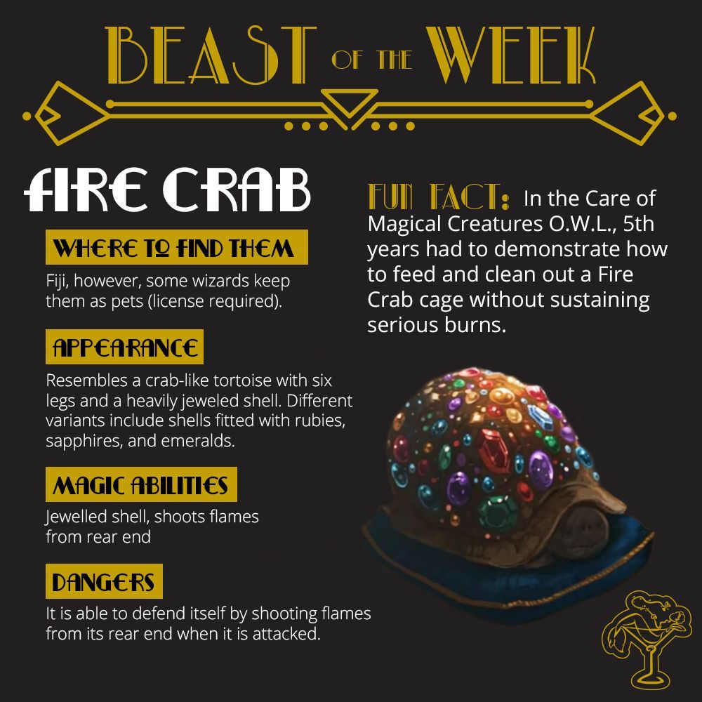 SpeakBeasty's tweet photo. This week, we are learning about the Fire Crab. How would you clean out their cage for your Care of Magical Creatures O.W.L.?
#BOTW #FireCrab #FantasticBeasts https://t.co/DUm0lkdxmz