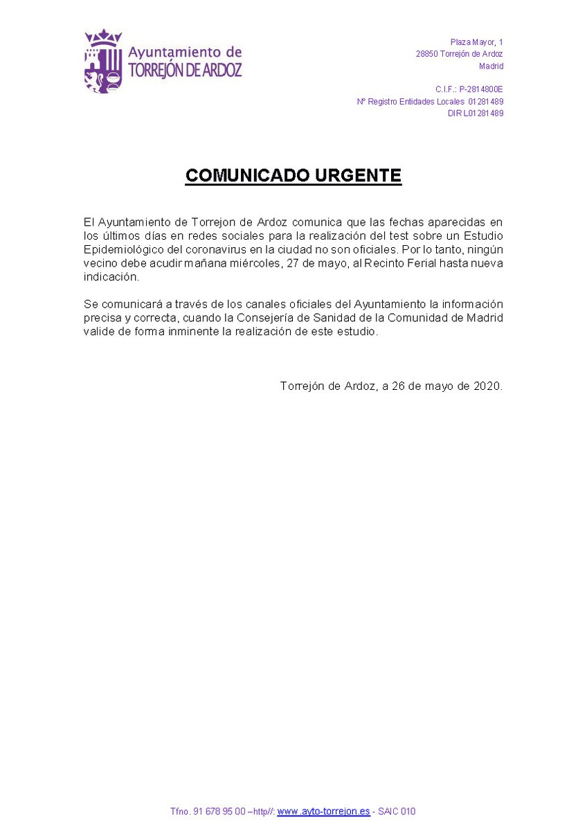 Ayto_Torrejon's tweet photo. 📢 COMUNICADO URGENTE en relación al Estudio Epidemiológico del coronavirus en #Torrejón https://t.co/0mRLskSor2
