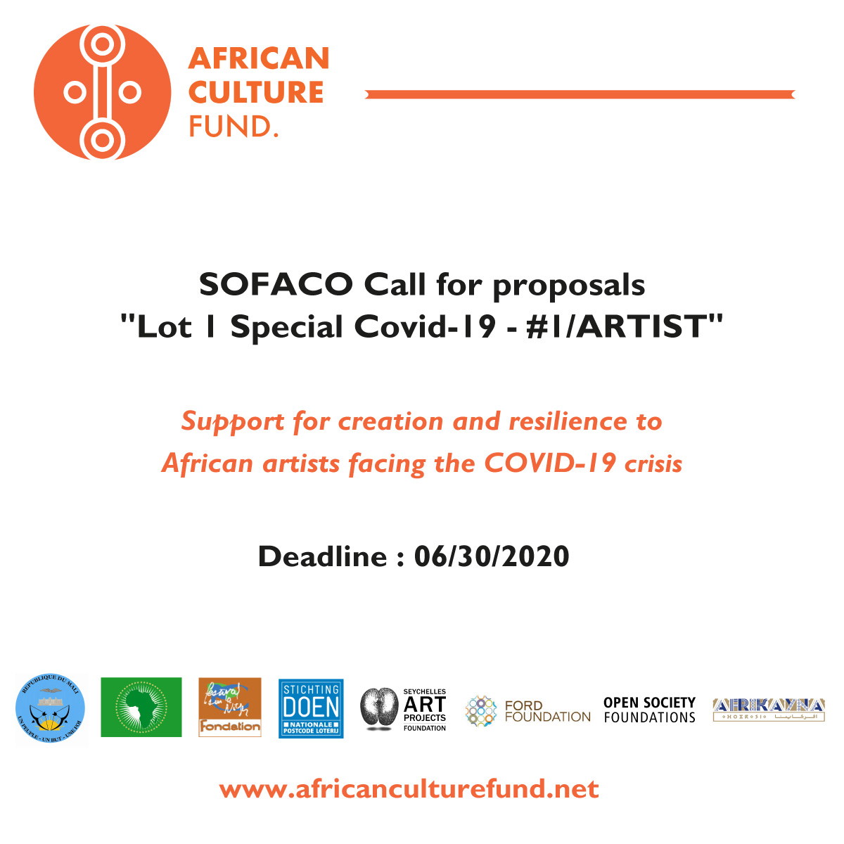 AfriCultureFund's tweet photo. 📣 SOFACO CALL FOR PROPOSALS "LOT 1- SPECIAL COVID-19/ARTIST" IS NOW OPEN! The Terms of reference: https://t.co/yBqRwUPHFu -- The application form: https://t.co/91r7L7eFGI #SOFACO #Artist #Solidarity #Covid19 https://t.co/CUMEaeg2N9