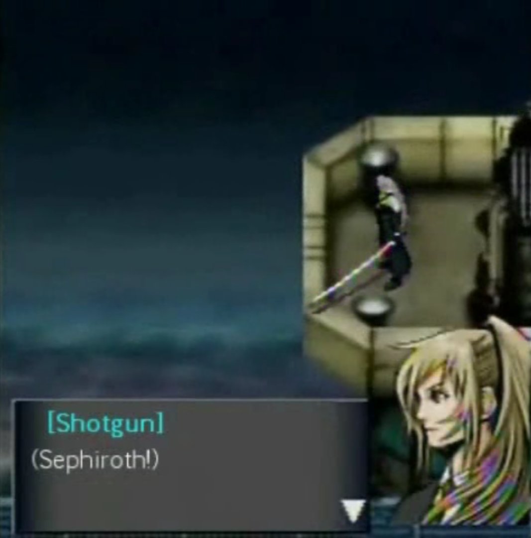 And then, Sephiroth does the only hilarious thing he does in this game (everything else is just... sad, as you can see): he slashes a helicopter out of the sky from a freaking distance. Woah.I dunno how exactly he does it, but he does move his sword during this event.
