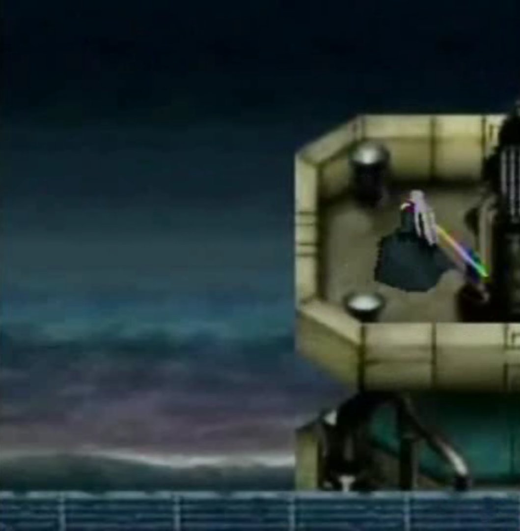 And then, Sephiroth does the only hilarious thing he does in this game (everything else is just... sad, as you can see): he slashes a helicopter out of the sky from a freaking distance. Woah.I dunno how exactly he does it, but he does move his sword during this event.