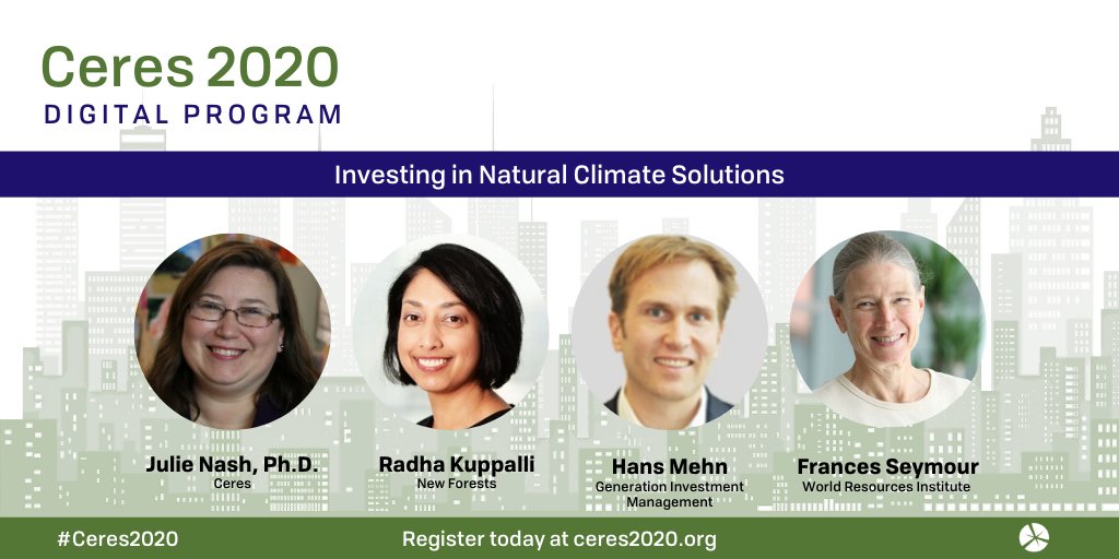 CeresNews's tweet photo. Hear from Radha Kuppalli of @NewForests, Hans Mehn of Generation Investment Management, @FrancesJSeymour of @WorldResources and Ceres' Julie Nash to explore the conservation, restoration and management of forests to mitigate climate change. #Ceres2020
https://t.co/1Y2Ti8PtQy https://t.co/QlQbHQsfGx