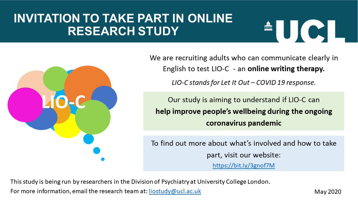 Daisy McInnerney (@daisymcinnerney) on Twitter photo Could writing help us cope with distress during the #COVID19 pandemic? Sign up to take part in our @UCL <a href="/MCPCRD/">UCL Marie Curie</a> study to help us find out bit.ly/3gnof7M
<a href="/ESRC/">Economic and Social Research Council</a> <a href="/UCLPsychiatry/">UCL Psychiatry</a> <a href="/MindCharity/">Mind</a> <a href="/Mental_Elf/">The Mental Elf</a> <a href="/AnxietyUK/">Anxiety UK</a> <a href="/every_mind/">Every Mind Matters</a> Could writing help us cope with distress during the #COVID19 pandemic? Sign up to take part in our @UCL <a href="/MCPCRD/">UCL Marie Curie</a> study to help us find out bit.ly/3gnof7M
<a href="/ESRC/">Economic and Social Research Council</a> <a href="/UCLPsychiatry/">UCL Psychiatry</a> <a href="/MindCharity/">Mind</a> <a href="/Mental_Elf/">The Mental Elf</a> <a href="/AnxietyUK/">Anxiety UK</a> <a href="/every_mind/">Every Mind Matters</a>