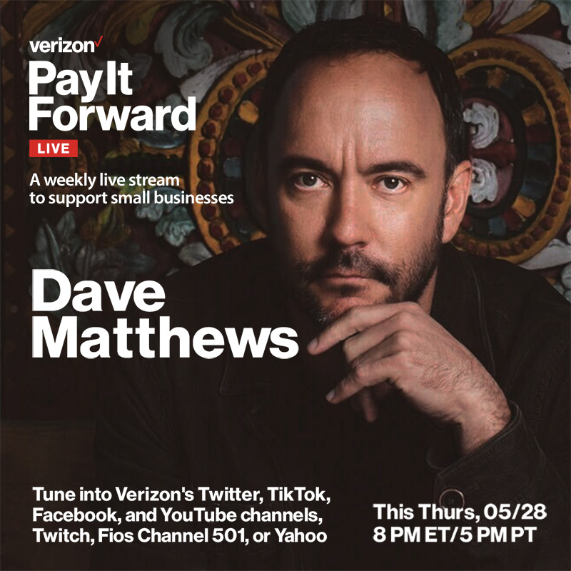 davematthewsbnd's tweet photo. We are excited to announce that Dave Matthews will close out @Verizon’s weekly #PayItForwardLIVE series with a brand new performance on Thursday, May 28 at 8:00 p.m. ET. Watch it on Verizon’s Twitter, Tik Tok, Facebook, and Youtube channels, as well as @AXSTV, @YahooEnt and +. https://t.co/1hqn0QbKrJ