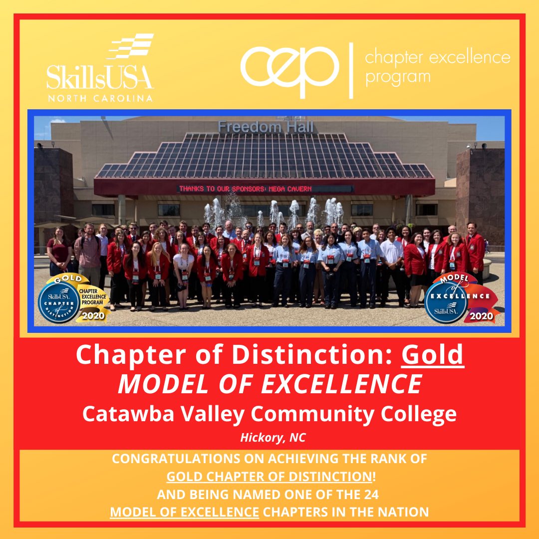 Our final Gold level Chapter of Distinction is Catawba Valley Community College!
CVCC was also named one of the 24 Model of Excellence Chapters from across the nation!
Congratulations! 
•
•
•
To learn more about the Chapter Excellence Program, visit the link in our bio.