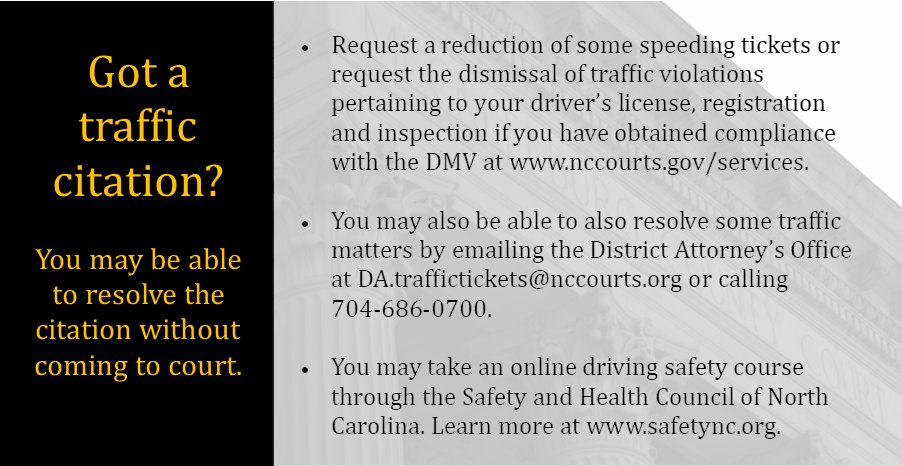 CharMeckDA's tweet image. If you have a pending traffic citation, you may be able to resolve the matter without stepping foot in the courthouse, which is important as we continue to practice social distancing and try to reduce the number of people in the courthouse. Learn more at charmeckda.com/news/052620_1.….