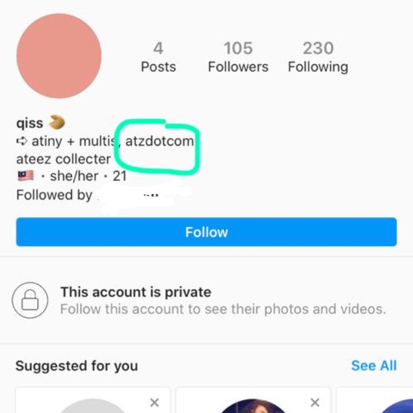 24/5 I was looking at Qistina Tijani’s IG as one of my mutual told me that she had followed her on IG. Then I noticed the little “atzdotcom” (the one that I circled) in her bio. I immediately searched that username on twitter and sure enough, I found this twitter that popped up.