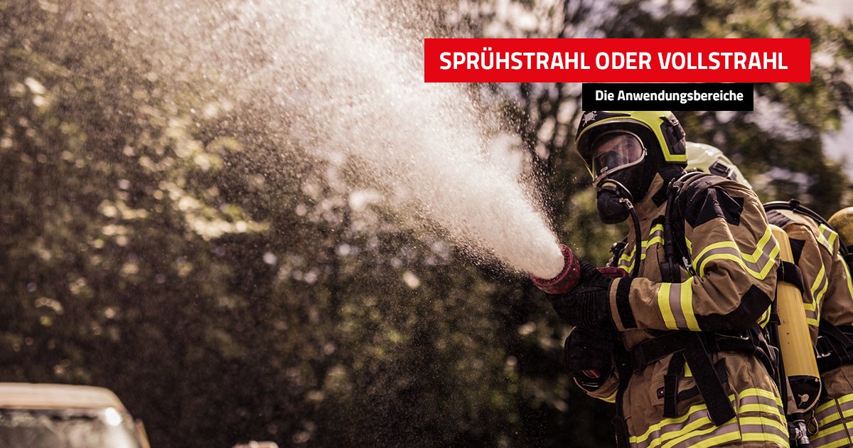 Sprühstrahl oder Vollstrahl -  Die Anwendungsbereiche .
Beim Sprühstrahl kommt die Wirkung der Wasserkühlung besonders gut zur Entfaltung.
Durch die feinen Wassertröpfchen vergrößert sich die Oberfläche bei gleicher Wassermenge um ein Vielfaches.