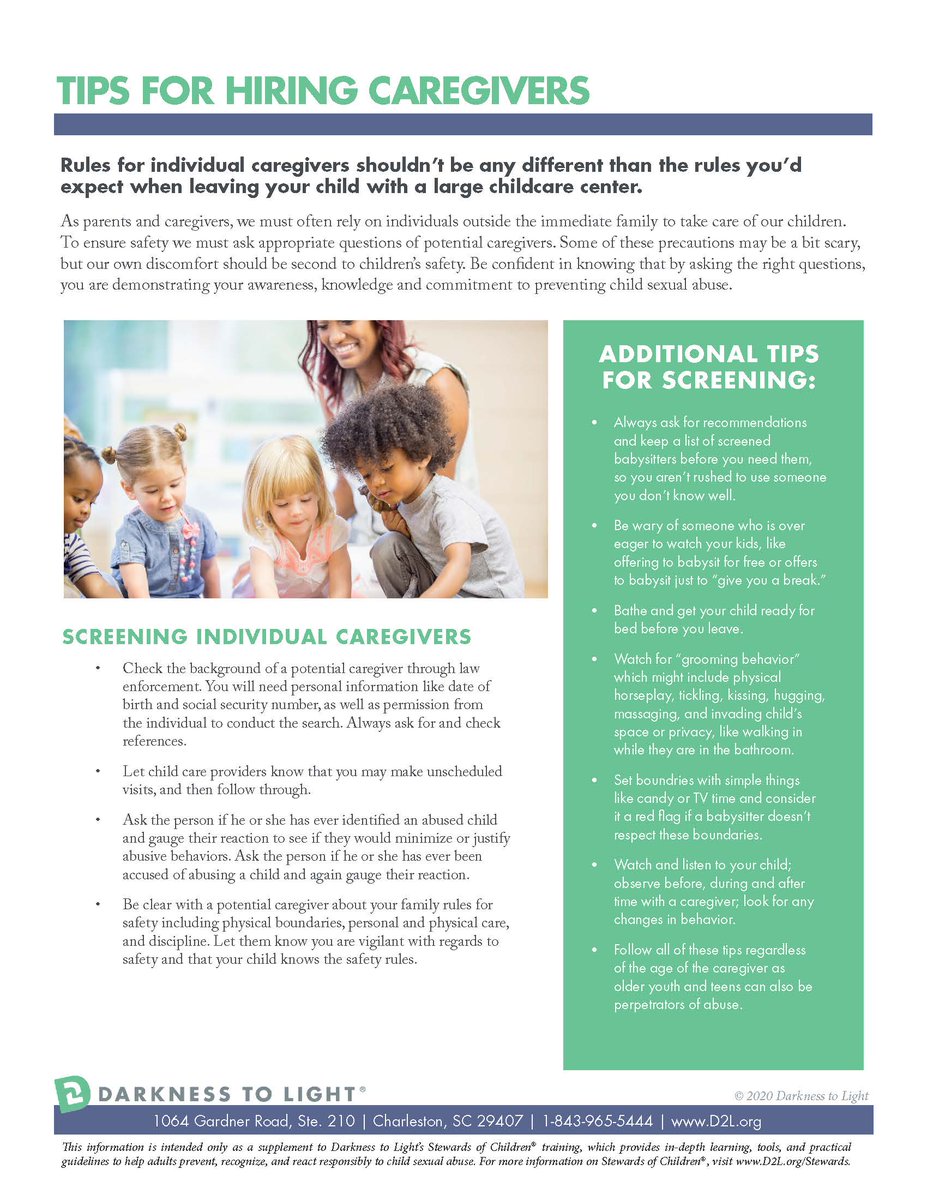 missouri_naca's tweet photo. Hiring a babysitter? Screen your home care provider the same way you would a daycare center.
For more information go to https://t.co/Ji92FC24VA
#Essential4Kids
#Darkness2Light https://t.co/gMPaKrgbhY