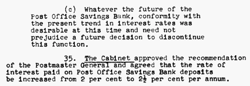 In 1956, the rate of interest on deposits in postal banking was raised from 2 to 2.5% per annum to keep up with what regulated banks were offering. I know.. 2.5% on plain old savings accounts.. crazy!