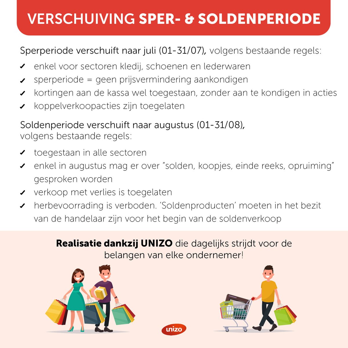 De sper- en soldenperiode zomer 2020 worden een maand uitgesteld. We zetten alle regels nog even op een rij 👉 bit.ly/3eiNHte