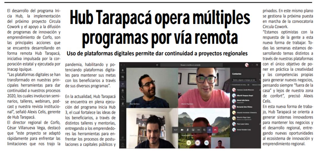 Hub Tarapacá opera múltiples programas por vía remota.
Uso de plataformas digitales permite dar continuidad a proyectos regionales,
Diario <a href="/ElLongino/">Diario El Longino</a> (pág. 7) destaca proyecto apoyado por <a href="/Corfo/">Corfo</a> y ejecutado por @inacap_iqq 
Lee aquí bit.ly/2yyR3ZX
<a href="/CesarVillanuV/">Cesar Villanueva V.</a>