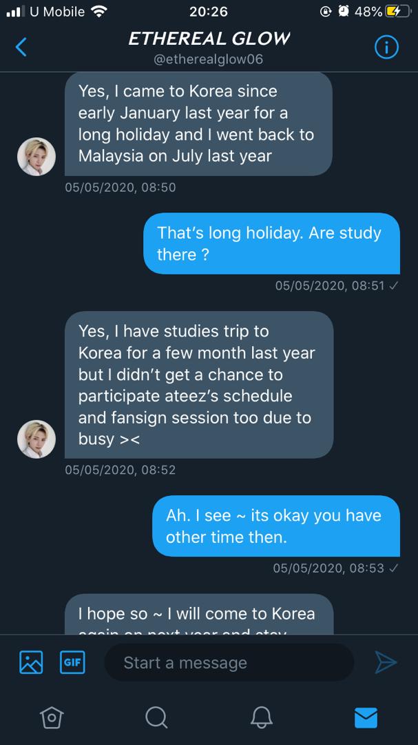 I had asked my friend (who is a Korean fansite, but not an ATEEZ fansite.) to help me DM her and sure enough the person behind etherealglow06 replied and interacted with her. She introduced herself as Azurah / Zu and that named sound very familiar to me.