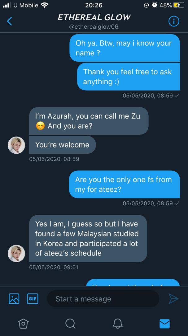I had asked my friend (who is a Korean fansite, but not an ATEEZ fansite.) to help me DM her and sure enough the person behind etherealglow06 replied and interacted with her. She introduced herself as Azurah / Zu and that named sound very familiar to me.