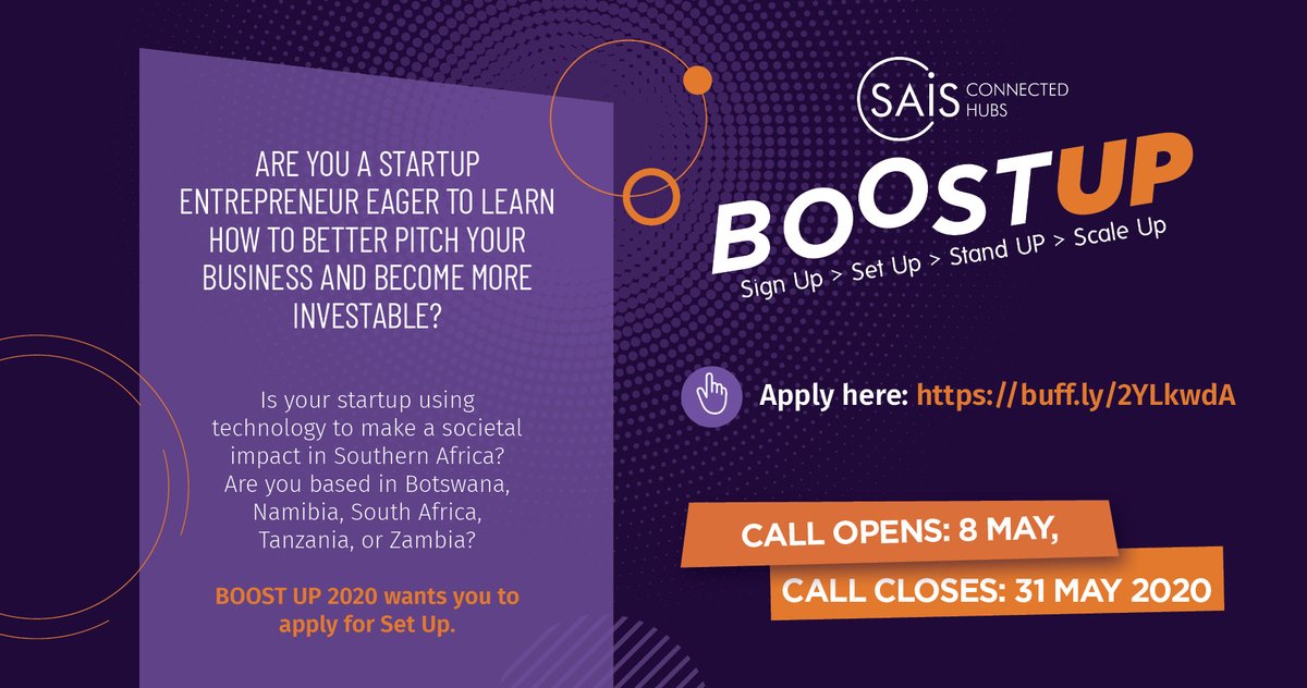 Do you have a startup that uses tech to solve a societal challenge in Botswana, Namibia, South Africa, Tanzania, or Zambia? Do you want to learn some new skills to give your startup a boost? You might be the entrepreneur that BOOST UP is looking for. buff.ly/2YLkwdA