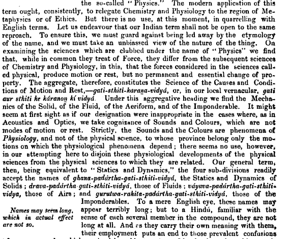 Look at the phenomenally nonsensical translation for the word "physics" that he employed here. Obviously, Sanskrit didn't value brevity at all, right? LOL. This was the language of Pānini, which he molded into a monstrous useless opponent. This still continues today, by the way.