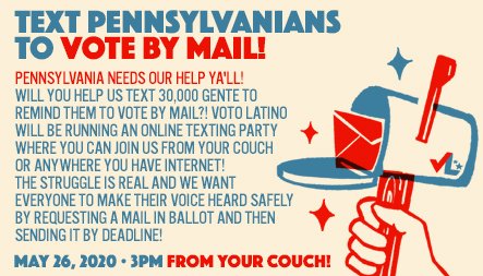 votolatino's tweet photo. Pennsylvania needs our help ya'll! Will you help us text 30,000 gente to remind them to vote by mail?! The struggle is real and we want everyone to make their voice heard safely by requesting a mail in ballot and then sending it by deadline!💥🗳

Sign up 👉🏽https://t.co/wic71aYCYy https://t.co/ZuQXz8u2Uc
