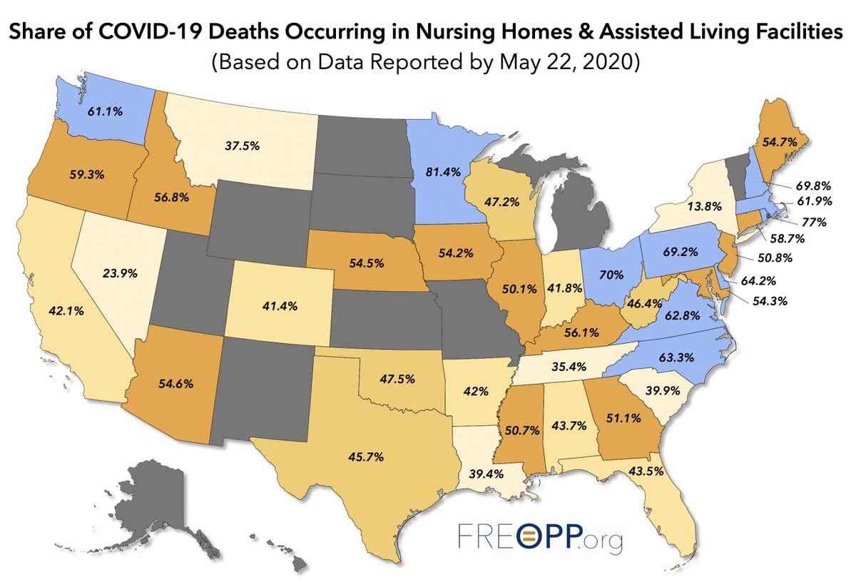 I've updated the map a second time to reflect new information out of Ohio (h/t  @patpaule). Ohio added nursing home & assisted living deaths before April 15 to their totals, which now means that in Ohio, LTC facility deaths are 70% of all  #COVID19 fatalities.