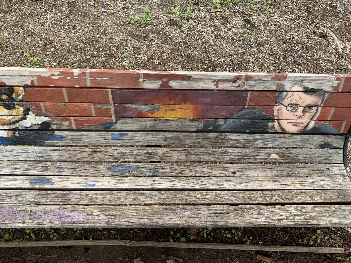 sarahjames's tweet photo. @StephenKing I did some community beautification today to your bench in a Bangor park. Looks much better without that sticker on it. https://t.co/yMr49AnEnr