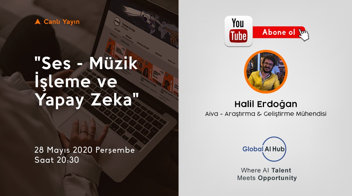 TurkishAIHub's tweet photo. 28 Mayıs Perşembe Akşamı 20.30'da @aivatechnology'de Araştırma&amp;Geliştirme Mühendisi olarak çalışan Halil Erdoğan @Herdogan80 ile "Ses - Müzik İşleme ve Yapay Zeka" üzerine konuşuyor olacağız. 
Kanalımıza abone olmayı unutmayın! :)
https://t.co/vHwDAukPDi https://t.co/RT4Nh6bYAb
