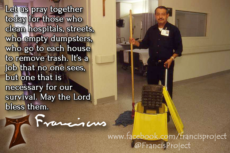 FrancisProject's tweet photo. "Let us pray together today for those who clean hospitals, streets, who empty dumpsters, who go to each house to remove trash. It’s a job that no one sees, but one that is necessary for our survival. May the Lord bless them." @Pontifex 
#PrayTogether #PopeFrancis #gratitude https://t.co/oW0p23fn5s