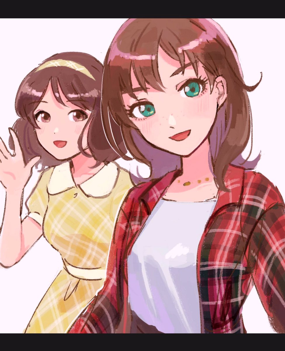 multiple girls 2girls brown hair plaid dress shirt smile plaid  illustration images