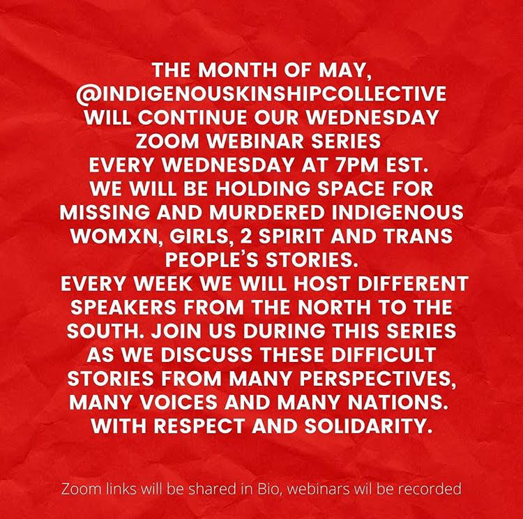 Join us this Wednesday (5/27) at 7:00PM for the final event in our May series centering #MMIWGT2S. Guest speakers announced soon! Link in bio.