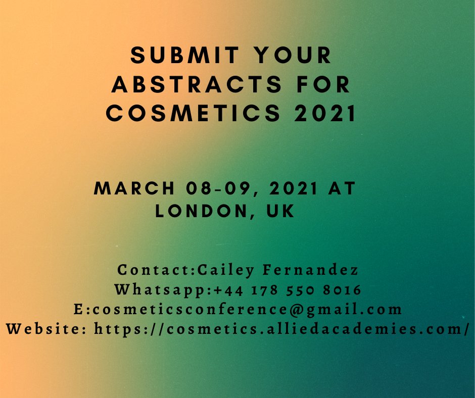 Cosmetics_2021's tweet image. We are back! The cosmetics 2020 is now postponed to March 08-09, 2021 at London, UK. Submit us your abstracts and join the event!
To know more: cosmetics.alliedacademies.com
 #cosmetology #cosmeticsconference #cosmetologyconference #coronavaccine #plasticsurgeons  #dermatologists
