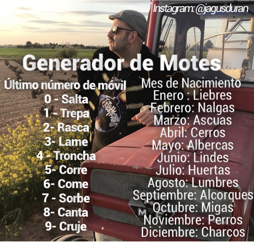 ¿No tienes la suerte de tener mote? ¿El que tienes no te gusta? No te preocupes...aquí tienes el generador de motes de pueblo. Consigue el tuyo de manera gratuita. El mío sería Sorbecharcos...¿Y el vuestro?