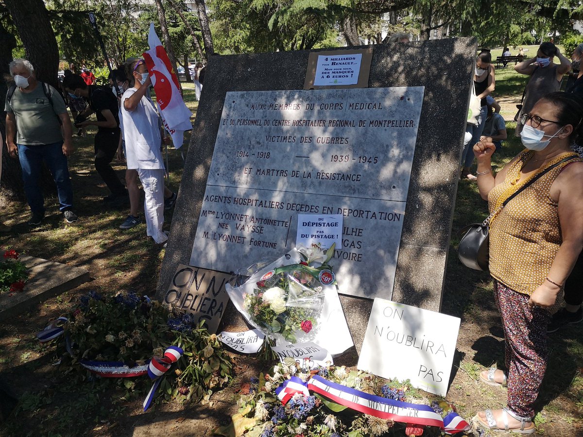 _The_Marquis_'s tweet photo. Rassemblement en hommage aux victimes du #coronavirus devant le monument au mort de l'#hopital Gui de Chauliac à #Montpellier à l'appel de la CGT. En perspective la mobilisation nationale du 16 Juin, pour que ce segur ne soit pas un grenelle de plus #Covid_19 #HopitalPublic https://t.co/iGYeAZOGxE