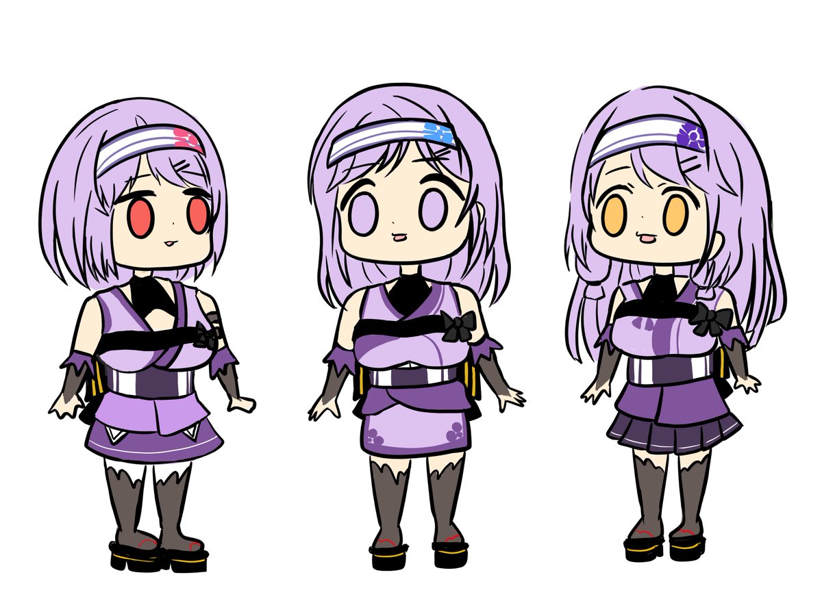 purple hair japanese clothes thighhighs red eyes 3girls chibi kimono  illustration images